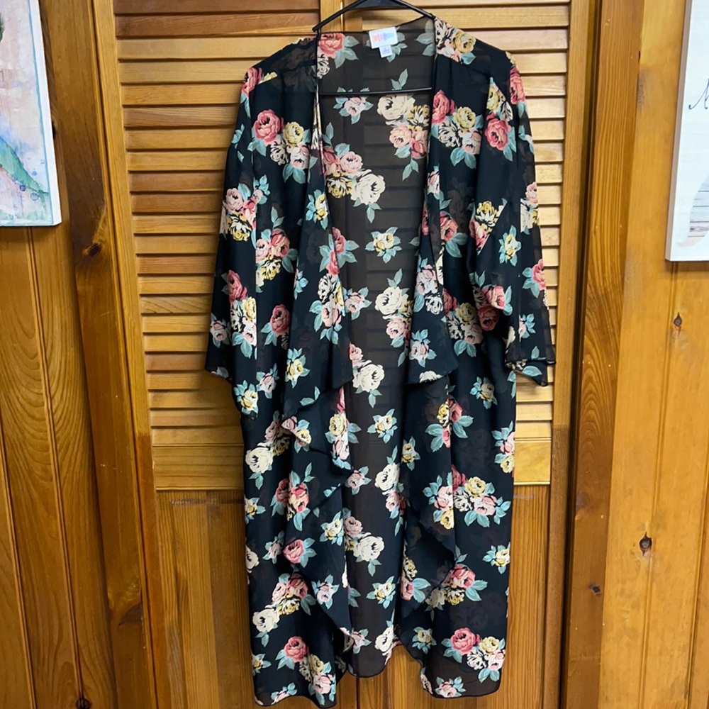 Lularoe Kimono, black with pink and yellow flowers